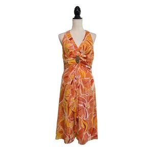 90s Kay Unger Silk Orange Floral Halter Midi Dress Size 10 Tropical Resort